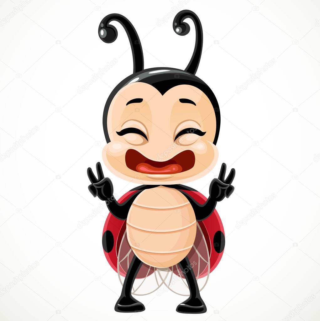 Cute happy cartoon little ladybug stand on a white background