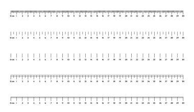 Beyaz arkaplan üzerinde cetvel işaretleme 30 santimetre çeşitli belirleme seçenekleri