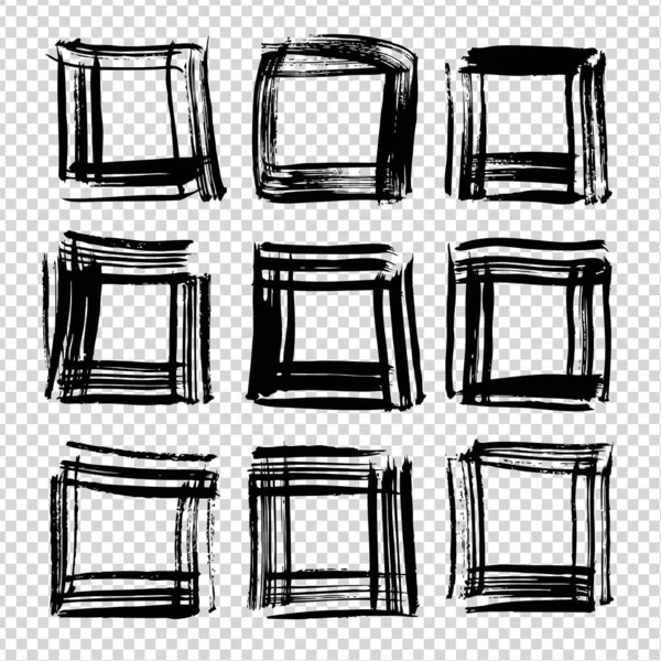 Zwarte Vierkante Frames Van Penseelstreken Set Geïsoleerd Imitatie Transparante Achtergrond — Stockvector