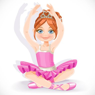 Mavi elbiseli güzel balerin kız beyaz arka planda izole bir şekilde yerde oturuyor.