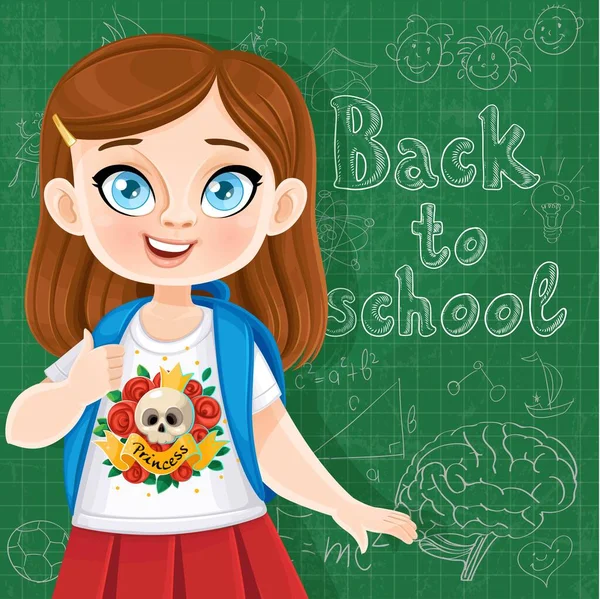 Back School Cute Brunette Teenager Girl Backpack Blackboard — Stock Vector