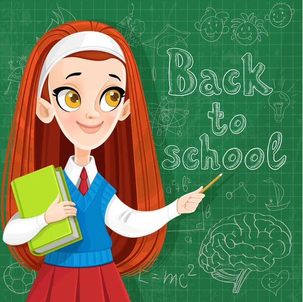 回到学校 可爱的红头发少女 在黑板前拿着一本教科书 — 图库矢量图片