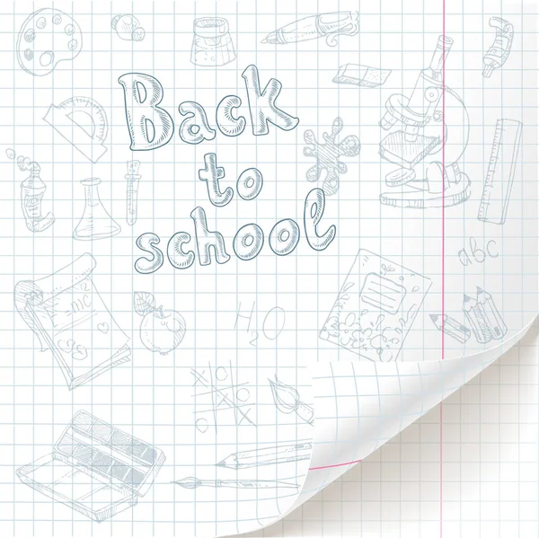 返回校园涂鸦和弯曲底部的白色格子纸片 — 图库矢量图片