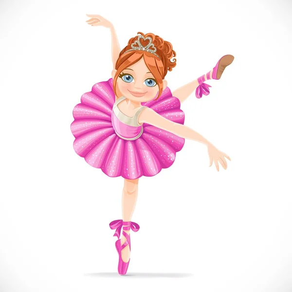 Μπαλαρίνα Κορίτσι Ροζ Φόρεμα Χορεύει Στο Ένα Πόδι Απομονωμένο Λευκό — Διανυσματικό Αρχείο