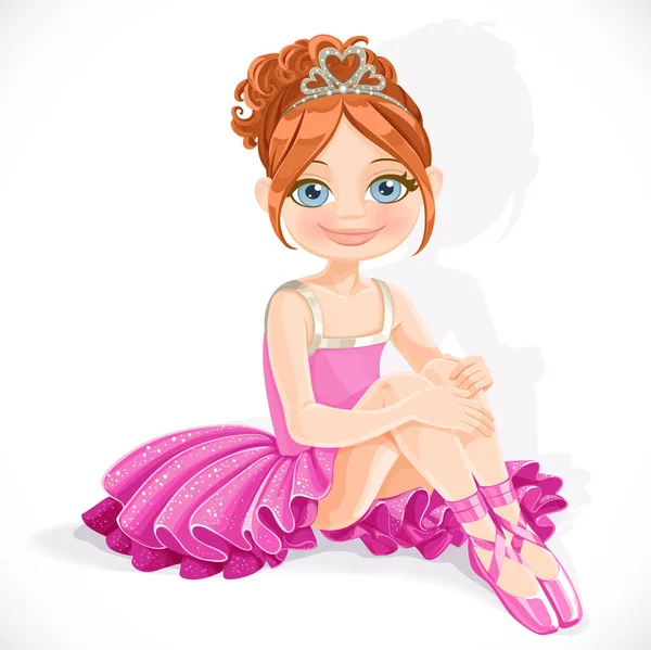 Beautiful Little Ballerina Girl Blue Dress Sit Floor Isolated White — Stock Vector