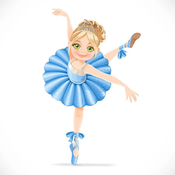 バレリーナ女の子で青いドレスダンスで一本足で孤立した上に白い背景 — ストックベクタ