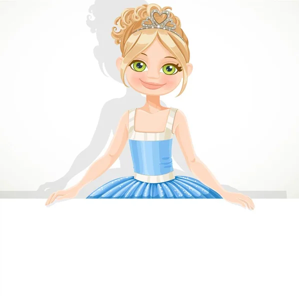 Beautiful Blond Ballerina Girl Tiara Blue Tutu Hold Big White — Stock Vector