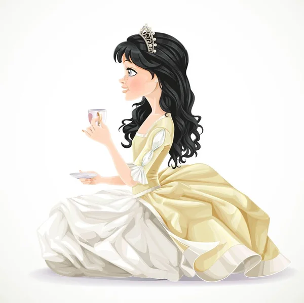 Beautiful Brunette Princess Yellow Dress Sitting Floor Cup Tea Saucer — Stock Vector