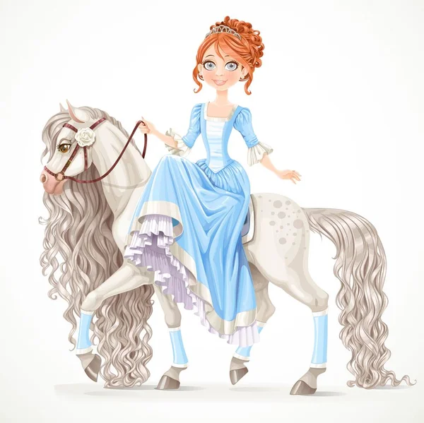 Linda Princesa Morena Sobre Caballo Blanco Con Una Melena Larga — Vector de stock