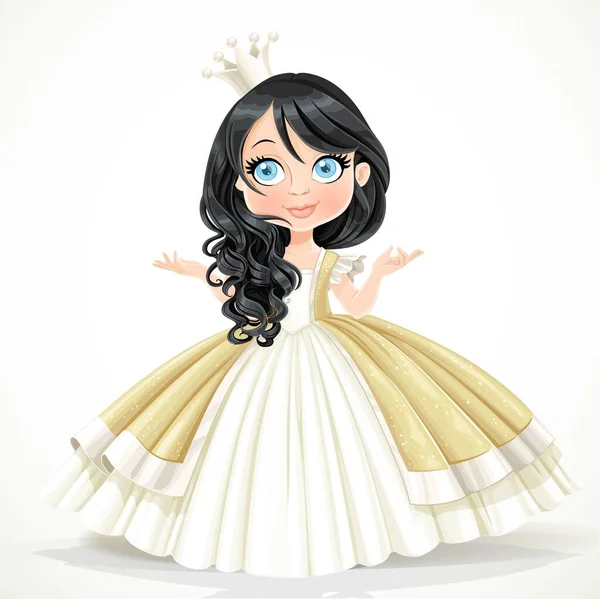 Petite Princesse Brune Couronne Vêtue Une Magnifique Robe Jaune Isolée — Image vectorielle