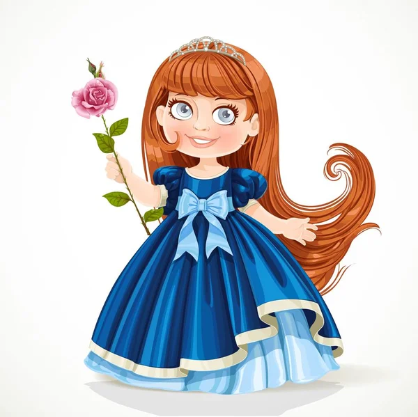 Cute Little Princess Long Brunette Hair Tiara Dark Blue Dress — Stock Vector