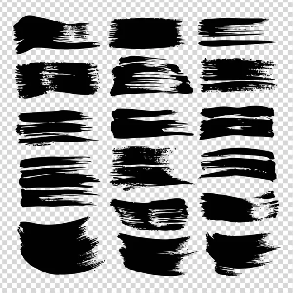 Set Pinceladas Tinta Texturizada Negra Aislada Sobre Fondo Transparente Imitación — Vector de stock