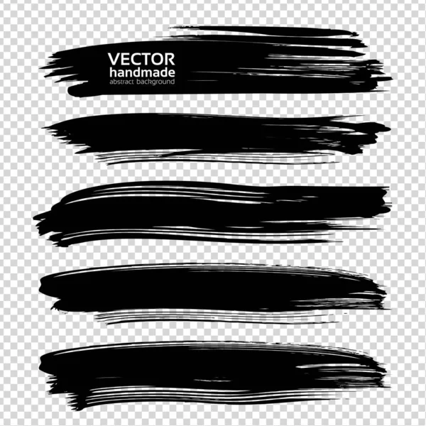 Black Textured Long Abstract Brushstrokes Set Isolated Imitation Transparent Background — Stock Vector