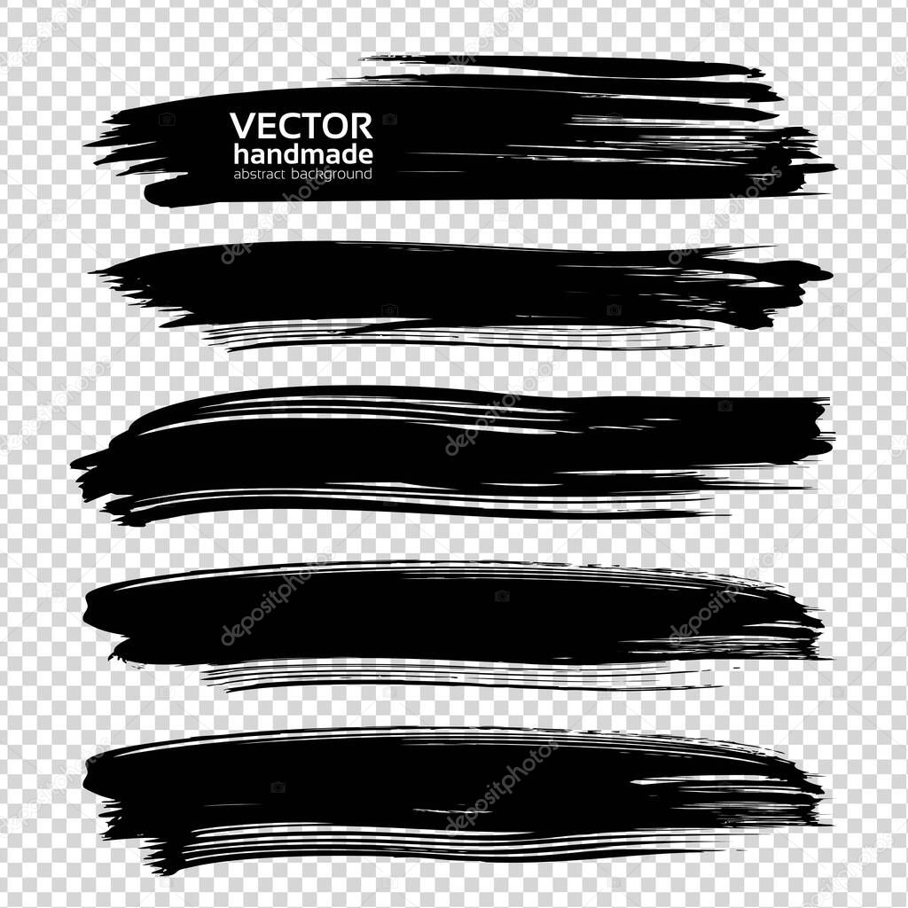 Black textured long abstract brushstrokes set isolated on imitation transparent background
