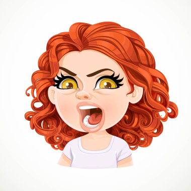 Koyu kırmızı saçlı, beyaz arkaplanda izole edilmiş güzel, agresif esmer kız.