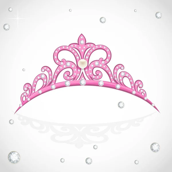 Elegant Shiny Pink Tiara Precious Stones Pearl Isolated White Background — Stock Vector
