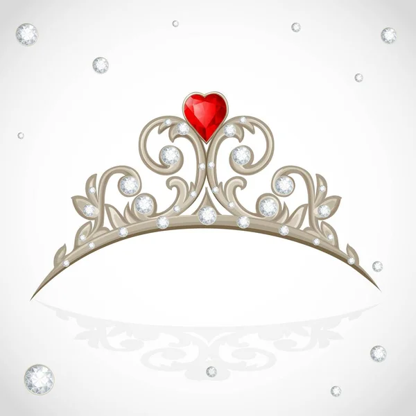 镶嵌着钻石的金色珠宝头饰 白色背景上有心形的红宝石 — 图库矢量图片