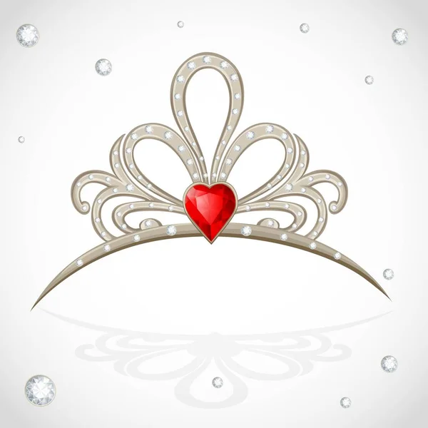 Openwork Šperky Tiára Diamanty Fasetovaný Červený Kámen Tvaru Srdce Bílém — Stockový vektor