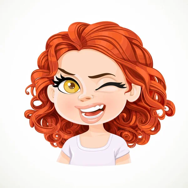 Krásné Vesele Mrknout Karikatura Brunetka Dívka Tmavě Červenými Kudrnaté Vlasy — Stockový vektor
