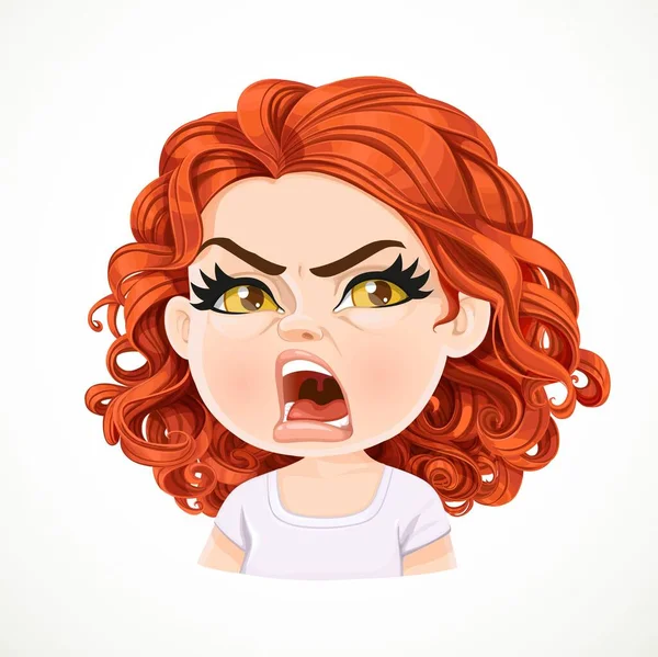 Mooie Boos Cartoon Brunette Meisje Met Donker Rood Haar Portret — Stockvector