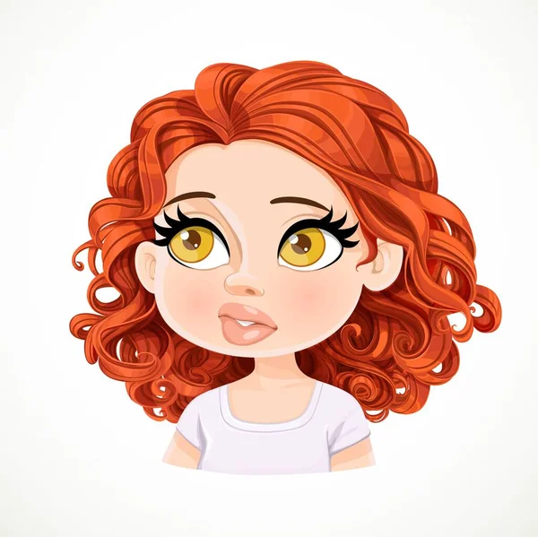 Beautiful Bewildered Cartoon Brunette Girl Dark Red Hair Portrait Isolated — Stock Vector