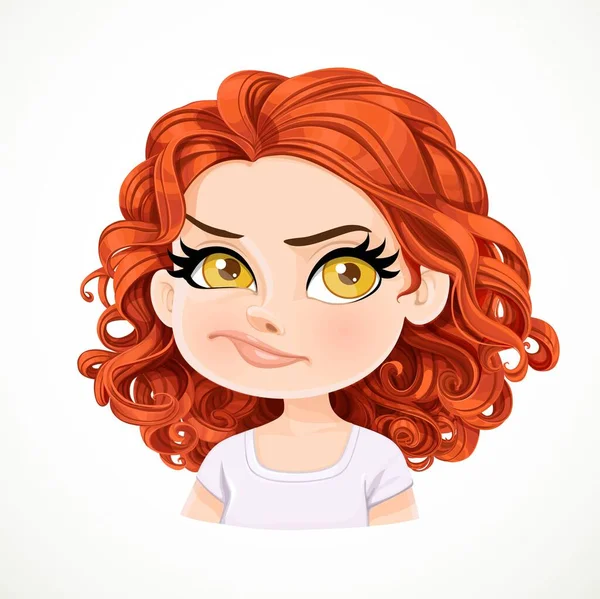 Mooie Twijfel Cartoon Brunette Meisje Met Donker Rood Haar Portret — Stockvector