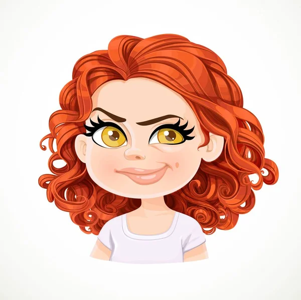 Beautiful Suspicious Cartoon Brunette Girl Dark Red Hair Portrait Isolated — Stock Vector