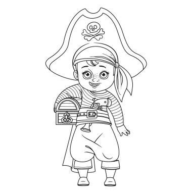 Korsan kostümlü sevimli çizgi film çocuğu kolunun altında beyaz arka planda izole edilmiş bir sandık tutuyor.