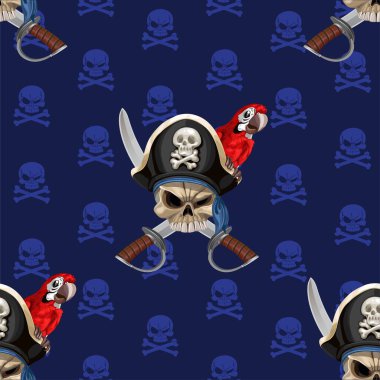 Mavi pürüzsüz arka plan kablosuz Jolly Roger şapkalı papağan