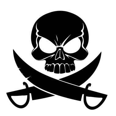 Beyaz arka planda izole edilmiş kılıçlarla sırıtan korkunç bir kafatası.