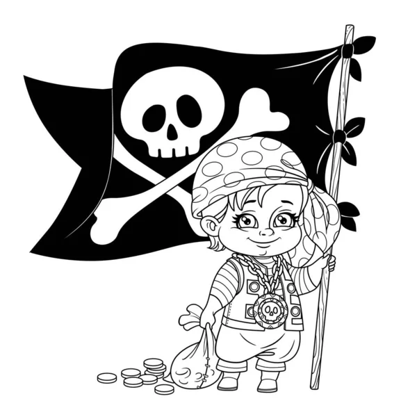 Cute Cartoon Boy Pirate Costume Holding Jolly Roger Bag Coins — Stock Vector