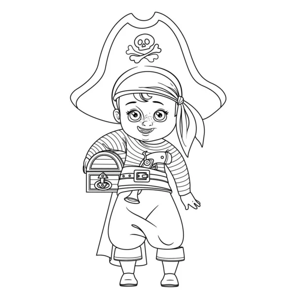 Cute Cartoon Boy Pirate Costume Holds Chest His Arm Outlined — Stock Vector