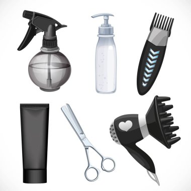 Plastik sprey, makas, şeker, tüp, saç kurutma makinesi ve makas karışımı beyaz arka planda izole edilmiş ürünler.