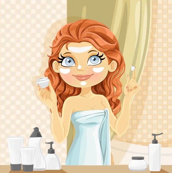 漂亮的年轻黑发女人把湿发式慕斯放在浴室 — 图库矢量图片