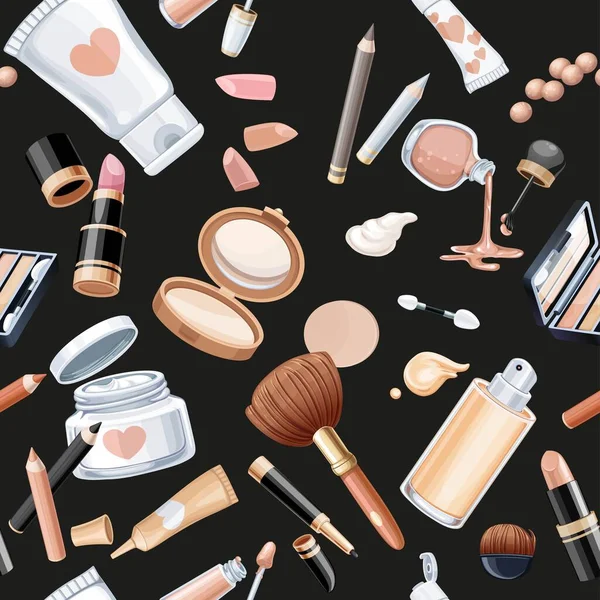 Seamless Pattern Cosmetics Objects Cream Face Powder Lipstick Brush Foundation — Stock Vector