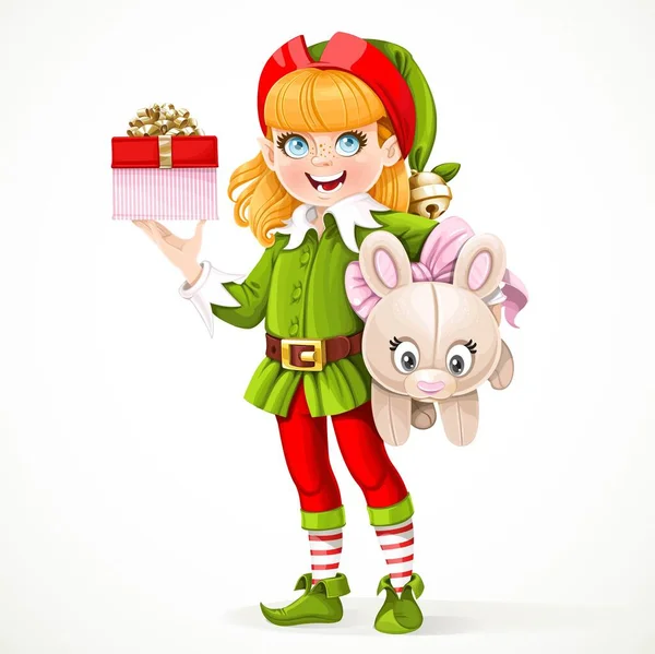 Cute Girl Elf Santa Assistant Holding Underarm Large Plush Toy — Stock Vector