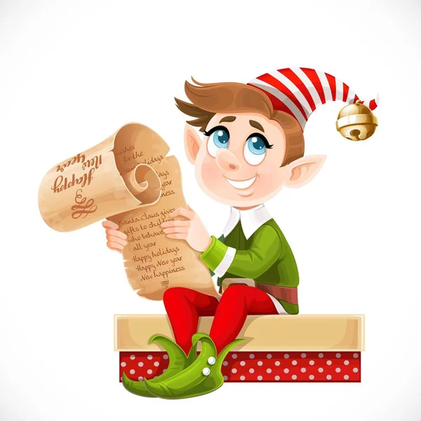 Cute Cartoon Elf Santa Assistant Sitting Box Gift Holding Parchment — Stock Vector