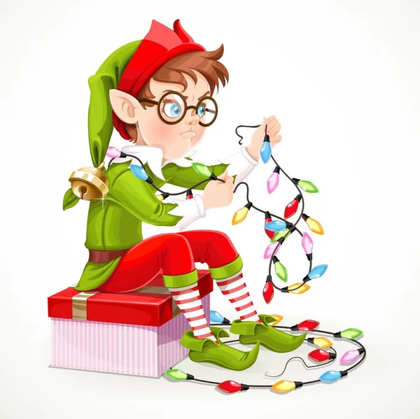 Cute Boy Elf Sitting Box Gift Unravels Christmas Garland Isolated — Stock Vector