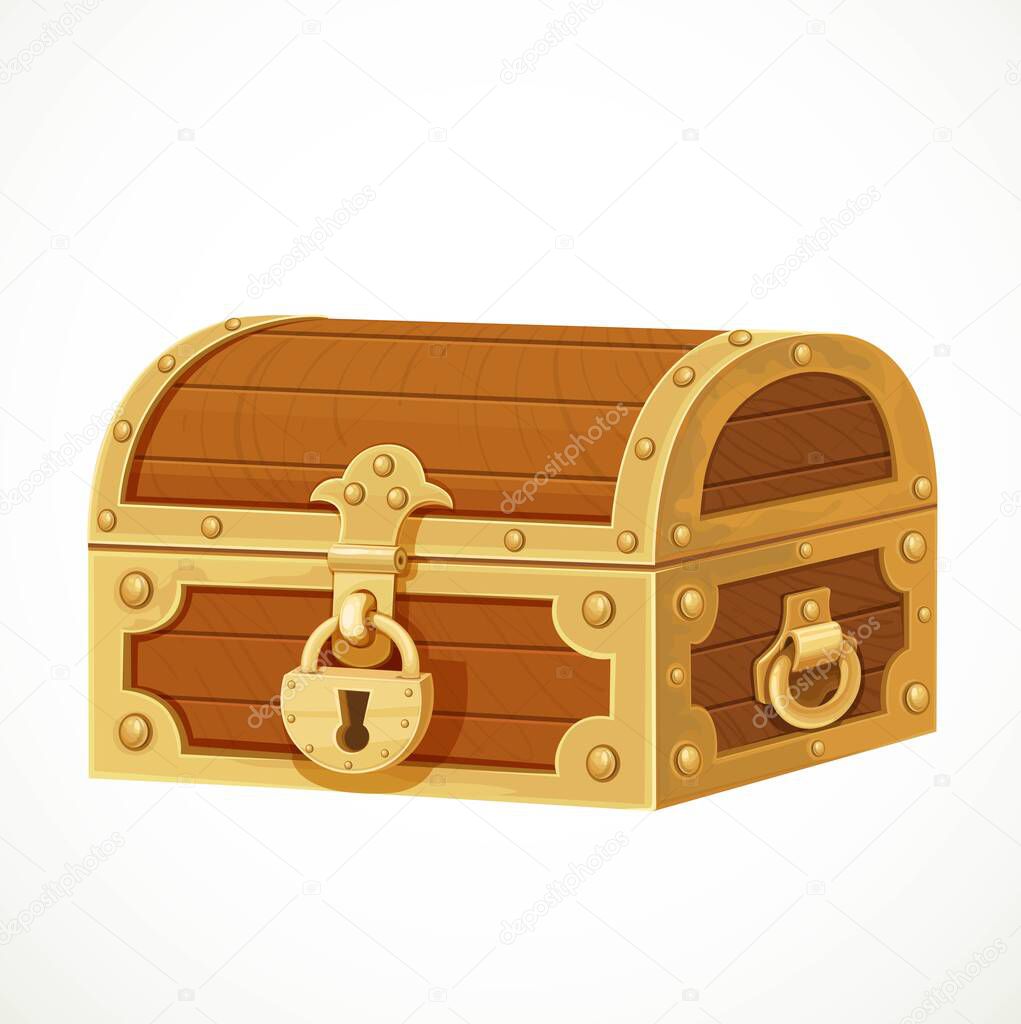 Big old wooden chest closed by a large padlock isolated on white background
