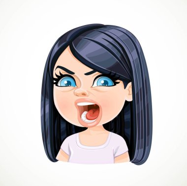 Güzel, sinirli, karikatürlü esmer kız portresi beyaz arka planda izole edilmiş.