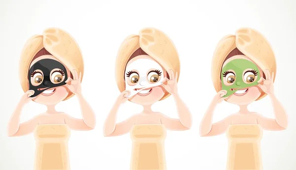 Jolie Fille Serviette Sauna Enlève Masque Cosmétique Visage Trois Variations — Image vectorielle