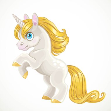 Beyaz arka planda izole edilmiş altın yeleli tek boynuzlu at çizgi filmi.