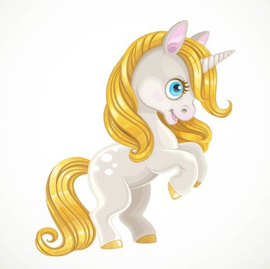 Beyaz arka planda izole edilmiş altın yelesi olan şirin beyaz tek boynuzlu at.