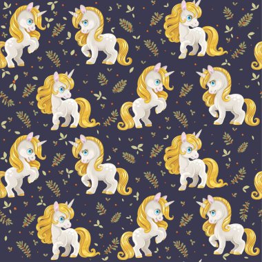 Mavi arka planda altın yelesi olan şirin beyaz tek boynuzlu atların kusursuz deseni.