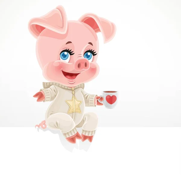 Niedliche Cartoon Baby Schwein Mit Tasse Tee Sitzen Auf Großen — Stockvektor