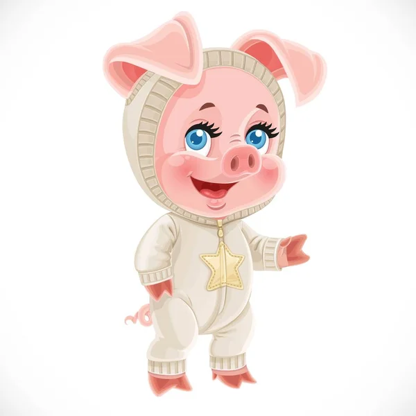 Cute Little Cartoon Baby Pig Warm Hooded Overalls Stand White — Stock Vector