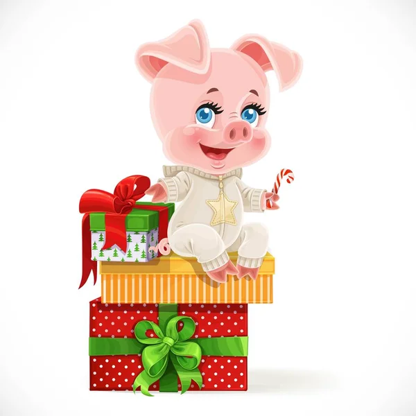 Nettes Cartoon Baby Schwein Sitzt Auf Weihnachtsgeschenken Isoliert Auf Weißem — Stockvektor