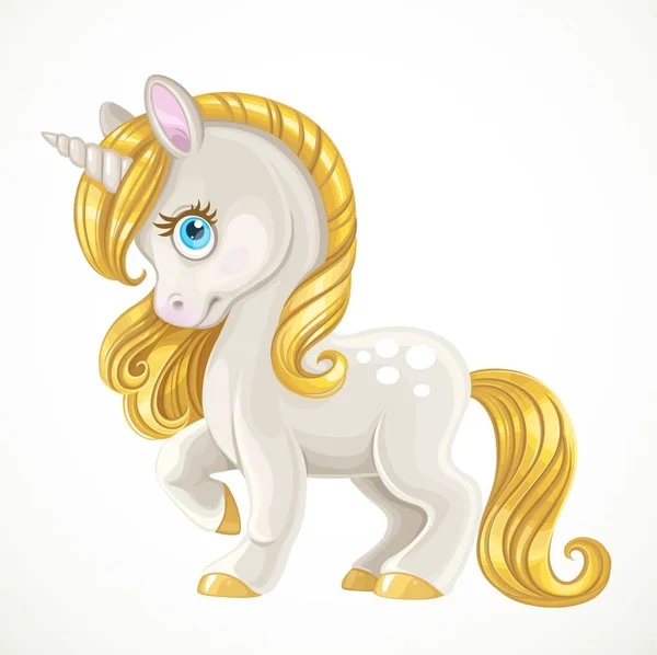 Cute Unicorn Golden Mane Isolated White Background — Stock Vector