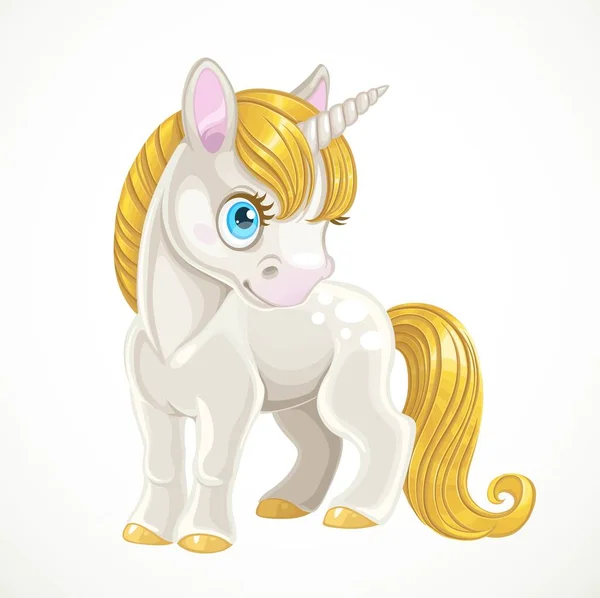 Cute Cartoon White Unicorn Golden Mane Stand White Background — Stock Vector