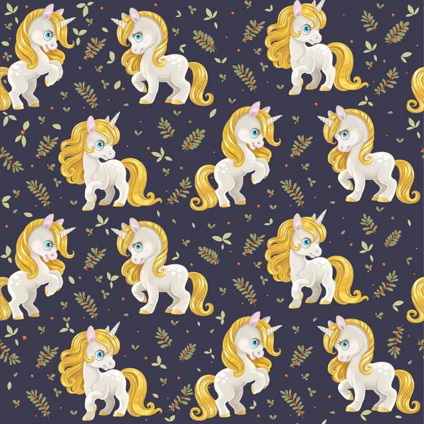 Seamless Pattern Cute White Unicorns Golden Mane Blue Background — Stock Vector